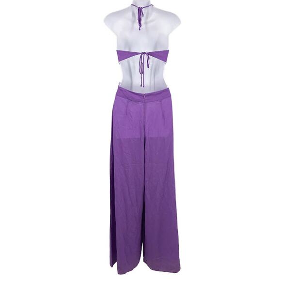 Louna Lavender Backless Jumpsuit S Halter Open Back Wide Leg Linen Blend Hi-Rise - Picture 2 of 6